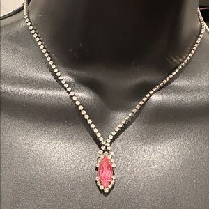Vintage Rose pink Drop Necklace w Clear Dainty Rhinestone chain 17”